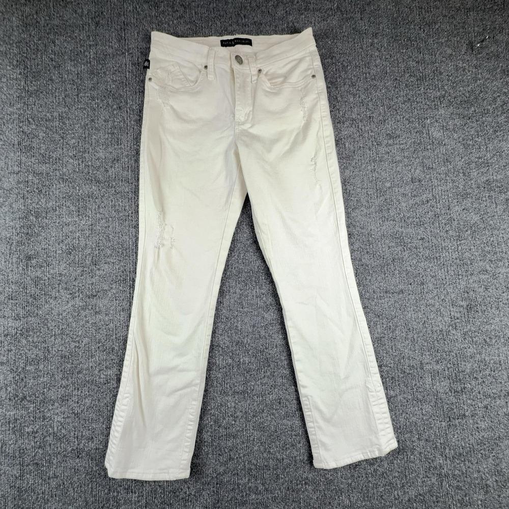 Rock & Republic Kendall Jeans Womens 6 White Mid Rise Straight Distressed Denim